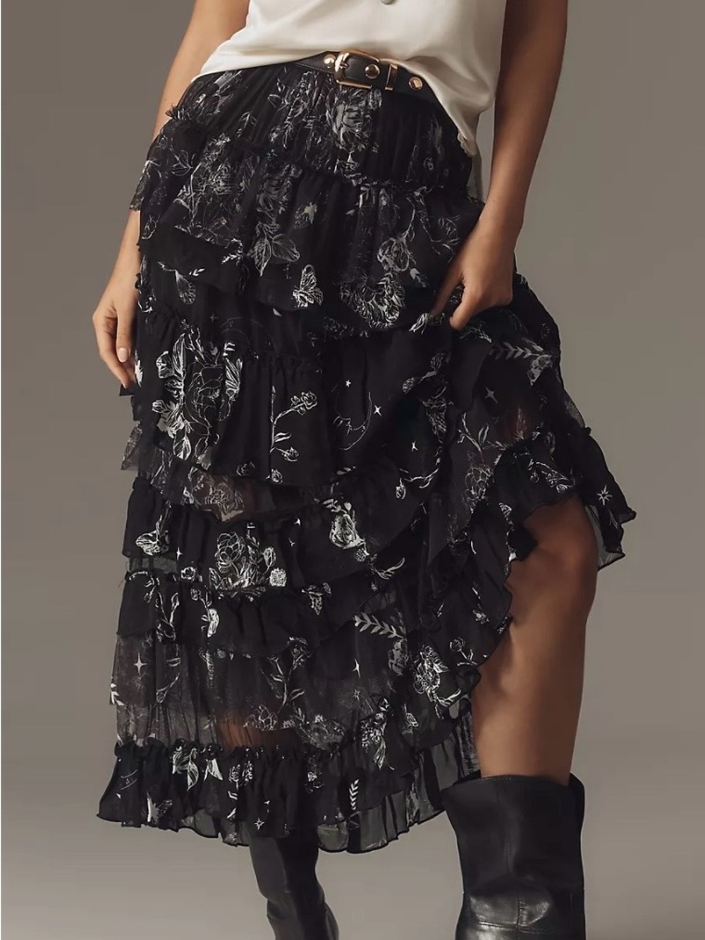 Anthropologie Ruffled Tulle Petticoat Maxi Skirt Black White Floral Size XXS